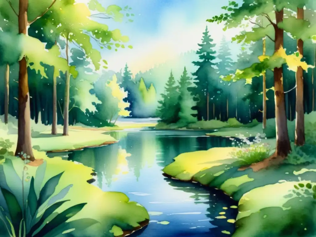 Bosque sereno: pintura acuarela de calma y serenidad Pintura acuarela serena de un claro boscoso con luz solar filtrándose entre los árboles y un tranquilo estanque