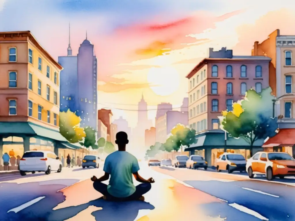 Meditación urbana al atardecer: equilibrio entre caos y calma Una pintura acuarela serena muestra equilibrio espiritual en la ciudad al atardecer