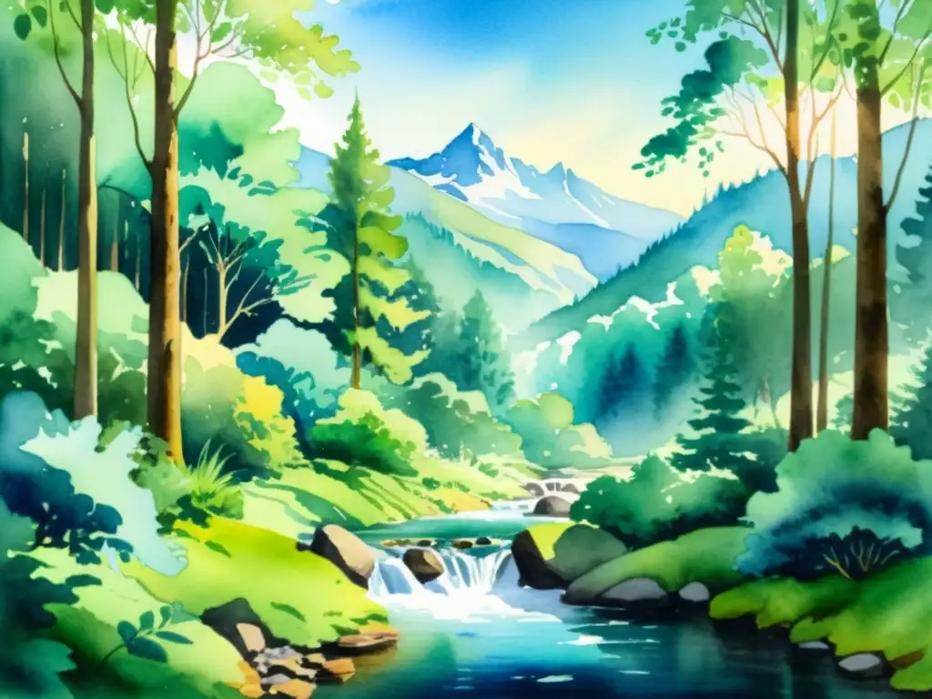 Bosque sereno: acuarela de naturaleza exuberante Una pintura serena de un exuberante bosque verde con un arroyo azul claro