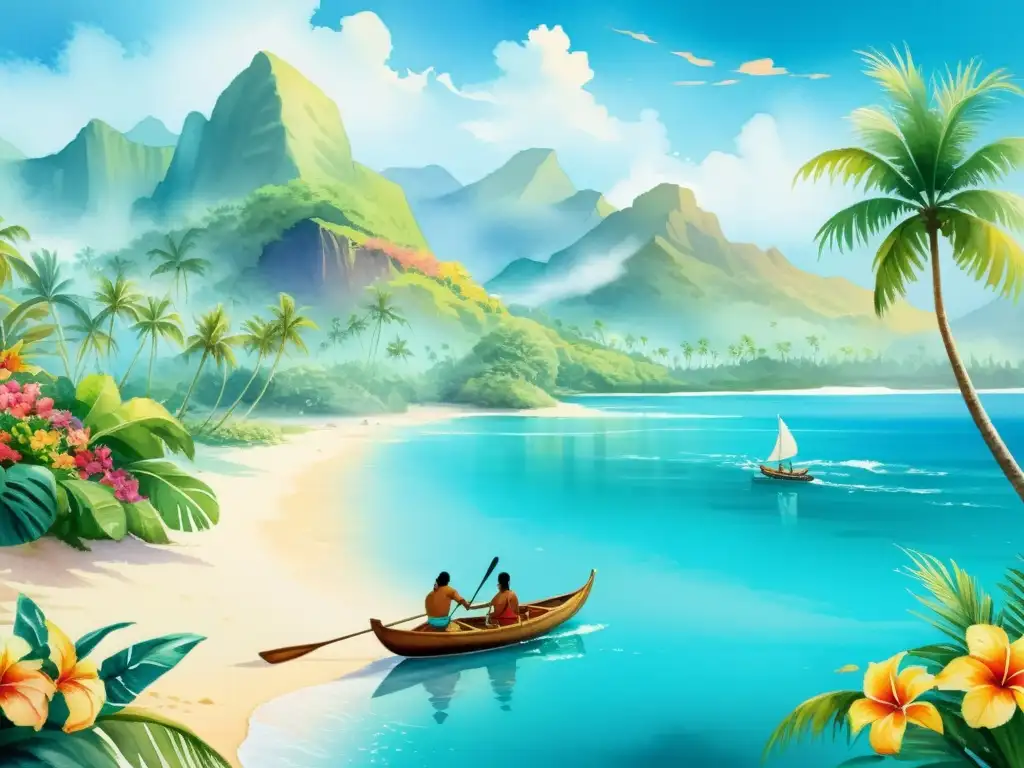 Paraíso Polinesio: Pintura en acuarela Una pintura serena de un exuberante paisaje polinesio con aguas cristalinas, playas doradas, palmeras y flores tropicales