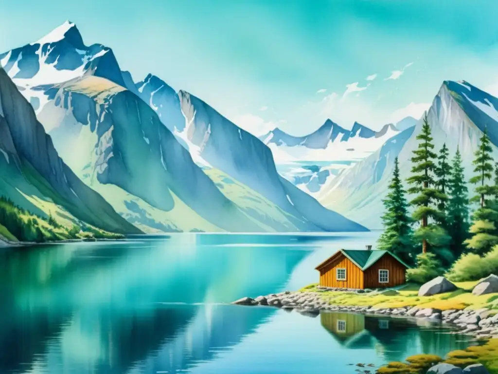 Refugio sereno en el fiordo de Groenlandia Una pintura serena de un fiordo en Groenlandia con montañas nevadas
