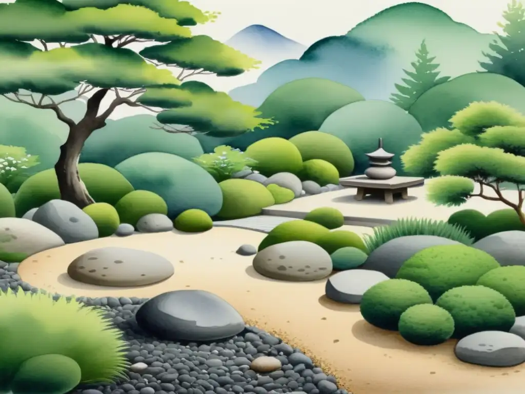Pintura acuarela: Jardín Zen japonés sereno Una pintura serena de un jardín Zen japonés tradicional, evocando tranquilidad y contemplación