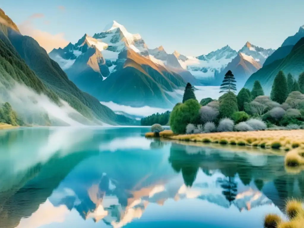 Pintura acuarela serena del lago Matheson reflejando picos nevados en Nueva Zelanda, ideal para retiro espiritual