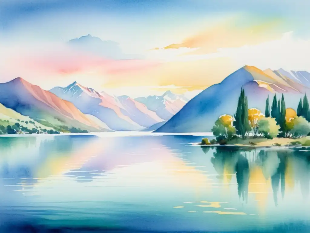 Pintura acuarela serena del Lago Wanaka en Nueva Zelanda, reflejando la quietud del agua y las montañas majestuosas