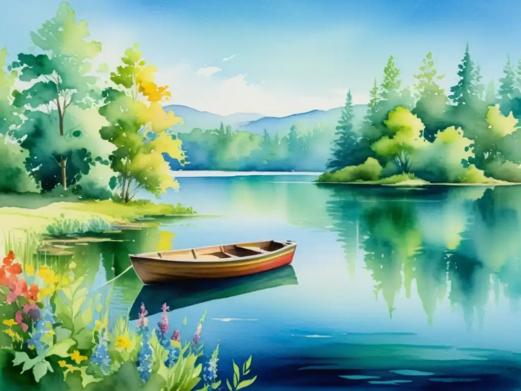 Pintura acuarela: Lago sereno y barca Pintura acuarela serena de un lago tranquilo con bote atado al muelle de madera, rodeado de exuberantes árboles y flores silvestres
