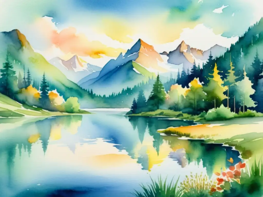 Paisaje sereno de montaña con lago reflejante Una pintura serena de un paisaje montañoso con lago reflexivo, bosque vibrante y montañas envueltas en niebla, bañado en luz dorada al atardecer