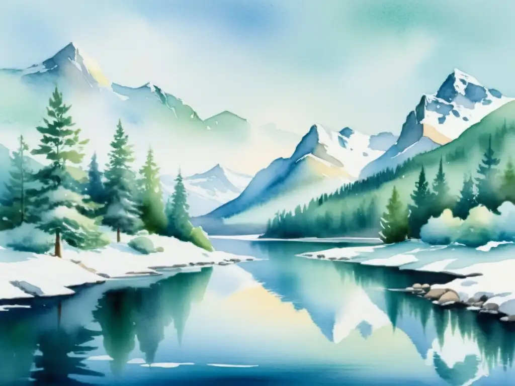 Tranquilo paisaje nevado: pintura acuarela escandinava Una pintura serena de un paisaje nevado en Escandinavia, con un lago tranquilo rodeado de árboles y montañas nevadas en la distancia