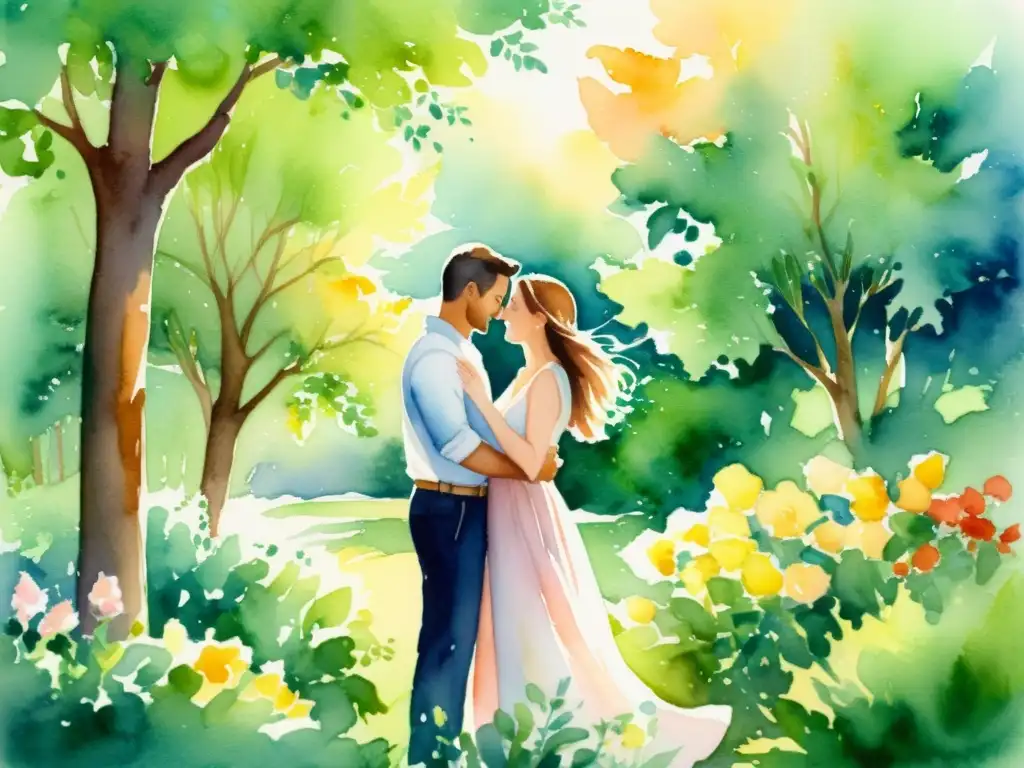 Abrazo amoroso en un paraíso natural Una pintura serena de una pareja abrazándose en un entorno natural tranquilo, rodeado de exuberante vegetación y flores florecientes