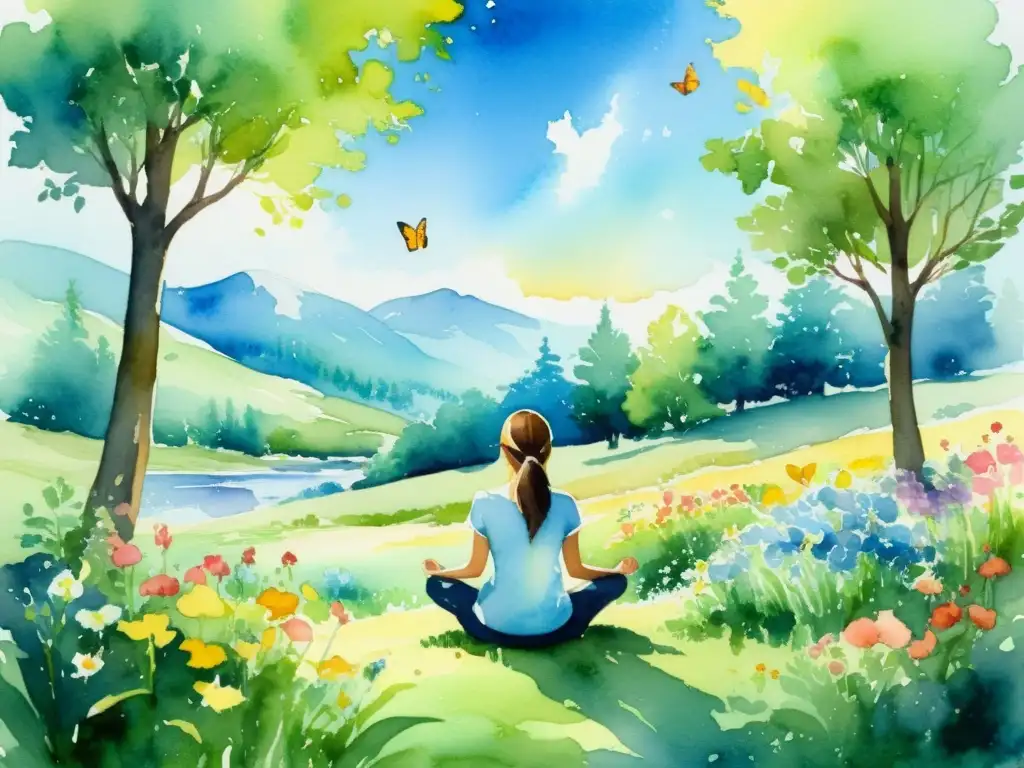 Serena meditación: persona en prado verde con mariposas y arroyo Una pintura serena de una persona meditando en un prado verde, rodeada de flores y mariposas, con un arroyo tranquilo y luz suave