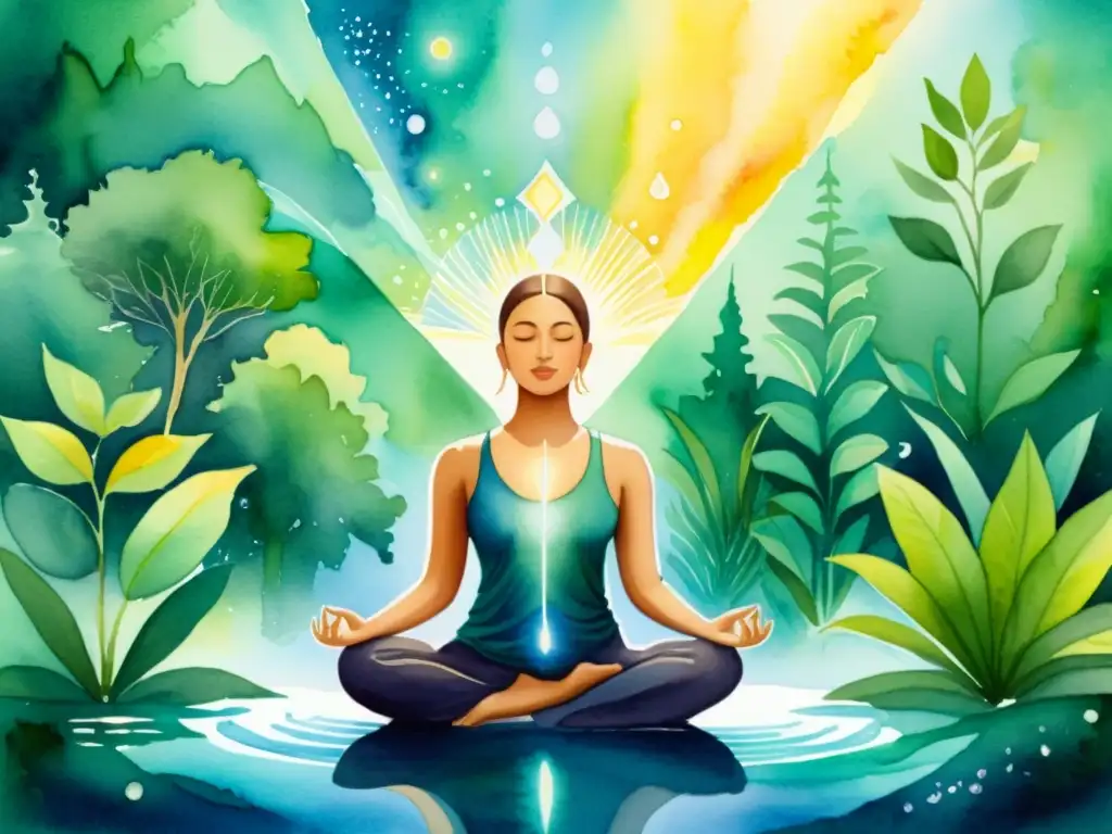 Figura en meditación con símbolos de la Kabbalah Pintura acuarela serena de contemplación kabbalística para iluminación personal, figura meditando en escena espiritual y tranquila con colores suaves
