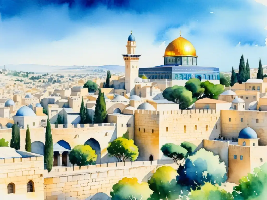 Pintura acuarela serena de Jerusalén: cúpula dorada brilla en la luz Pintura acuarela serena de Jerusalén con la Cúpula de la Roca dorada brillando al sol