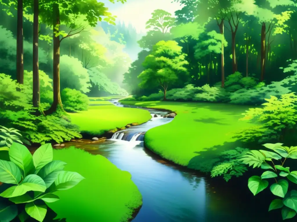 Una pintura serena de un santuario natural exuberante con un arroyo cristalino