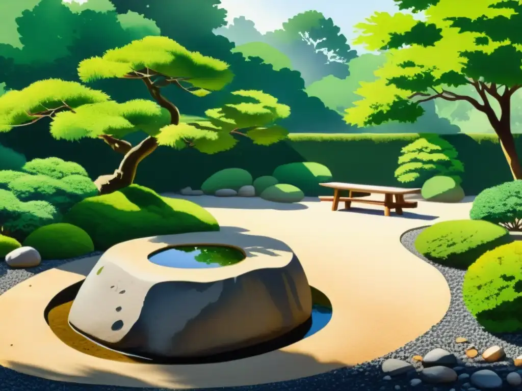 Jardín Zen japonés: serenidad y equilibrio Una pintura serena de un jardín Zen tradicional japonés con beneficios de los jardines Zen