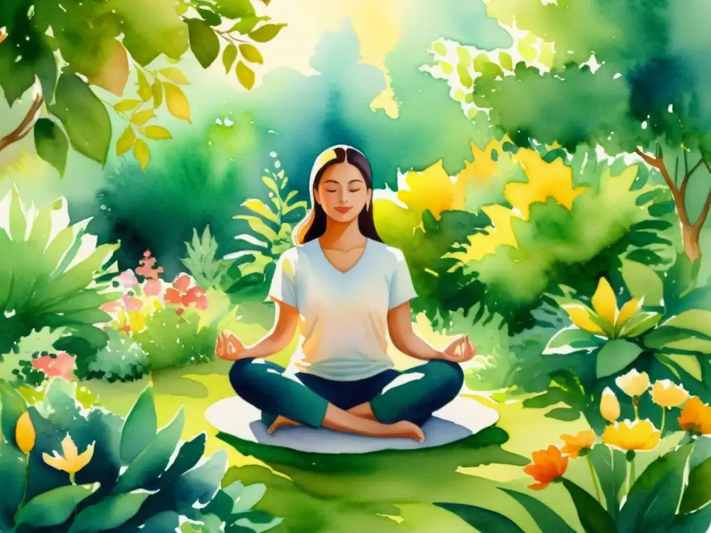 Retiro de meditación en jardín sereno Una pintura acuarela serena muestra a alguien meditando en un jardín tranquilo y exuberante, rodeado de flores vibrantes
