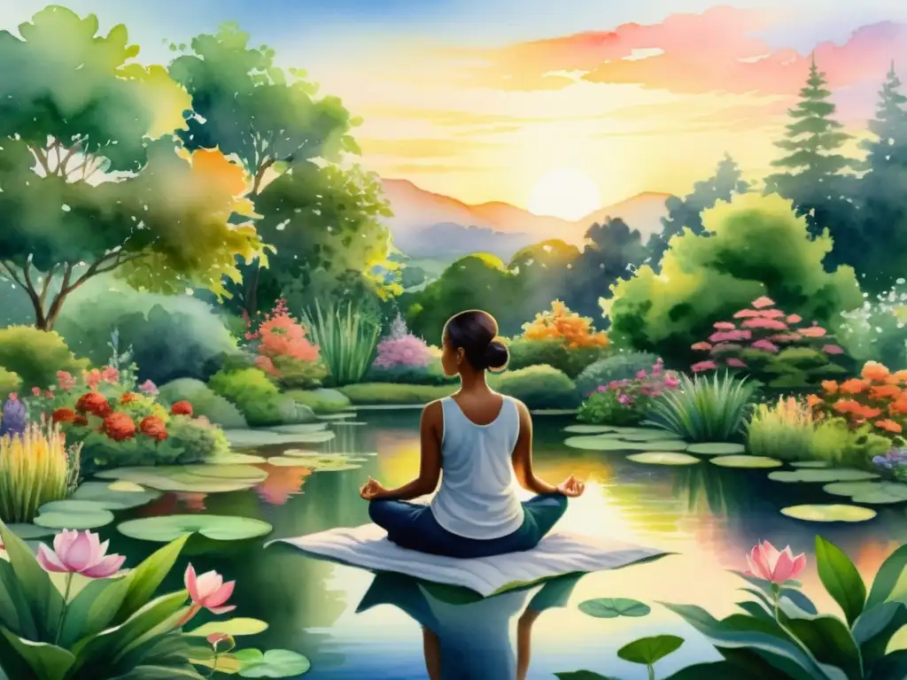 Retiro de meditación en un jardín sereno Una pintura serena de meditación en un jardín tranquilo con flores vibrantes y un atardecer radiante