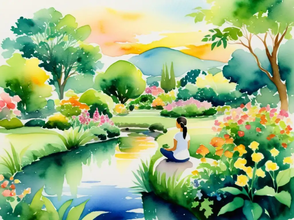 Jardín de meditación: pintura acuarela serena Pintura acuarela de un jardín sereno con flores vibrantes, un arroyo y una puesta de sol, ideal para retiros espirituales meditación Rumi Sufí