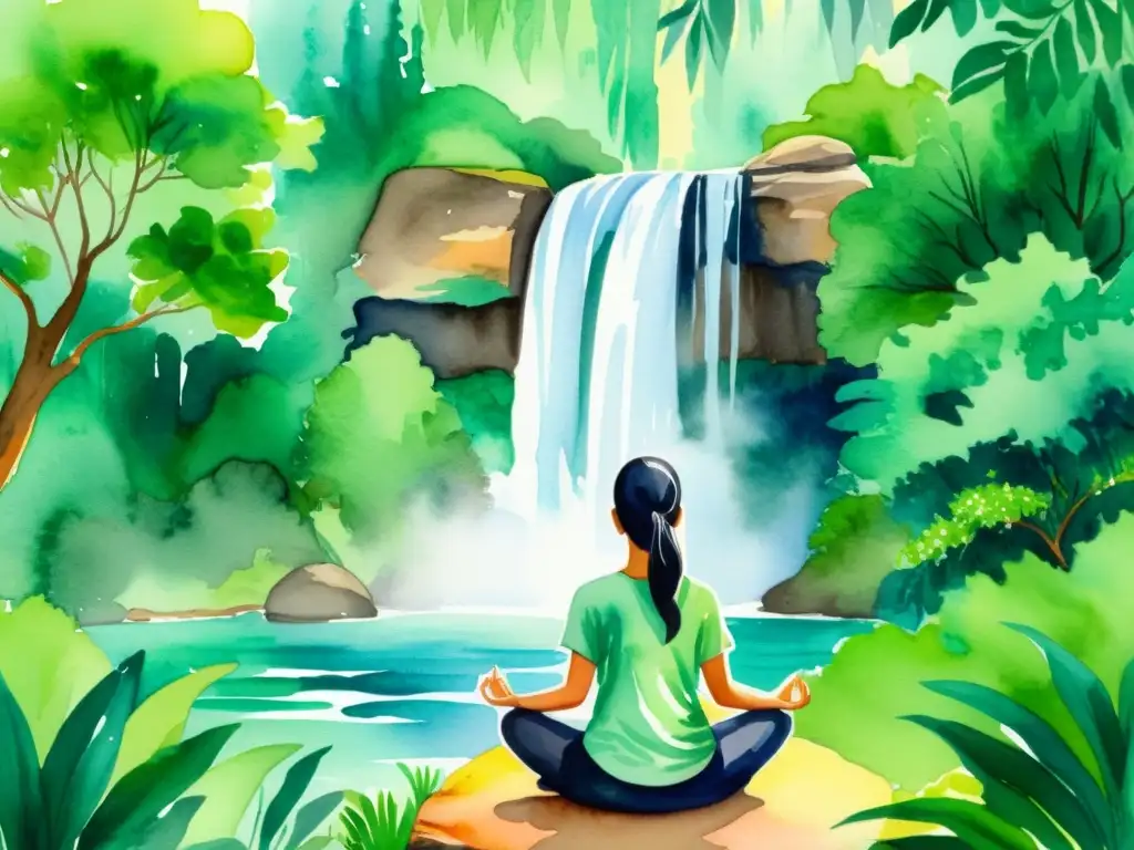 Meditación en la Naturaleza: Serenidad y Calma Una pintura tranquila en acuarela de meditación en la naturaleza, con una cascada serena al fondo