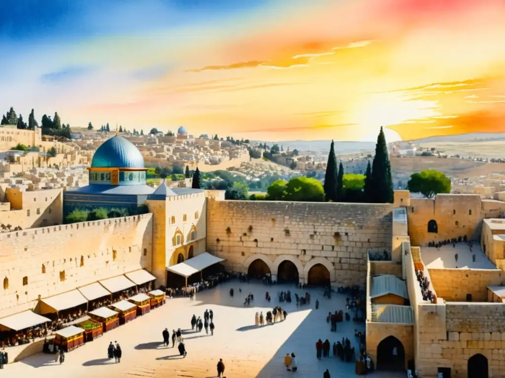 Pintura acuarela de Jerusalén al atardecer Una pintura acuarela tranquila de la antigua ciudad de Jerusalén al atardecer, con colores vibrantes y una sensación de conexión espiritual