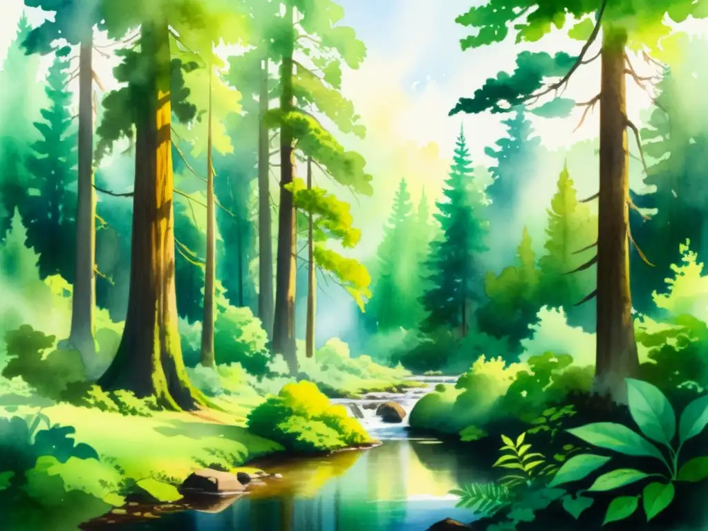 Bosque ancestral: pintura acuarela serena y mágica Una pintura tranquila de un antiguo bosque, con árboles majestuosos, vegetación exuberante y un arroyo sereno