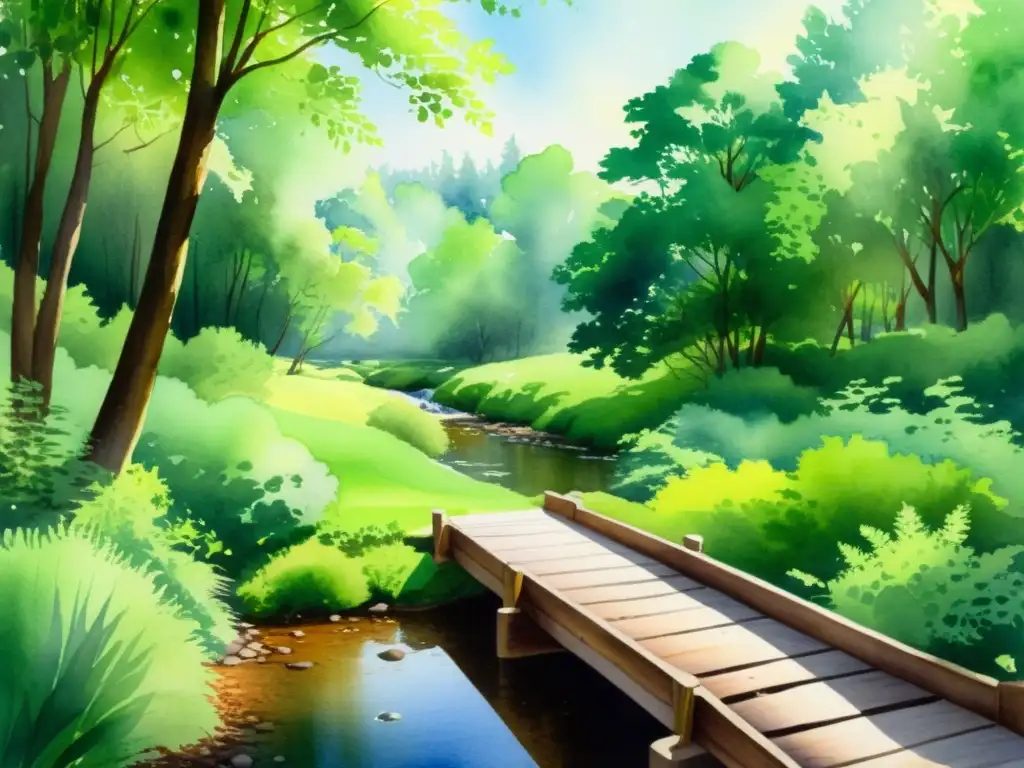 Bosque sereno: pintura acuarela de un claro tranquilo con arroyo Una pintura tranquila de un claro de bosque con un arroyo, evocando calma y contemplación