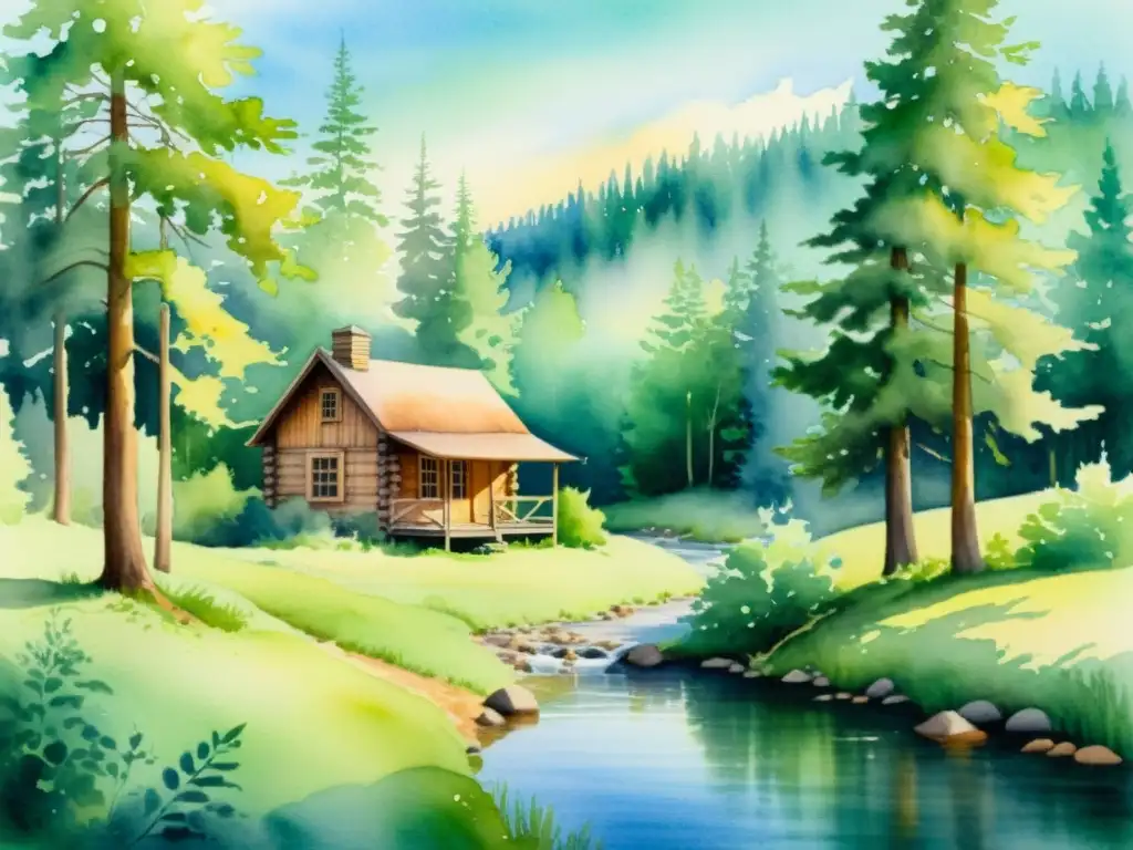 Pintura acuarela tranquila de un claro sereno en el bosque con cabaña entre árboles altos