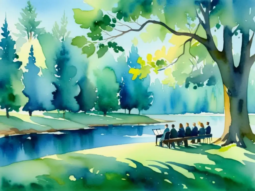 Armonía celestial: Coro en la naturaleza Una pintura tranquila de un coro actuando en un entorno natural, con tonos serenos de azul y verde que crean una sensación de calma y reflexión