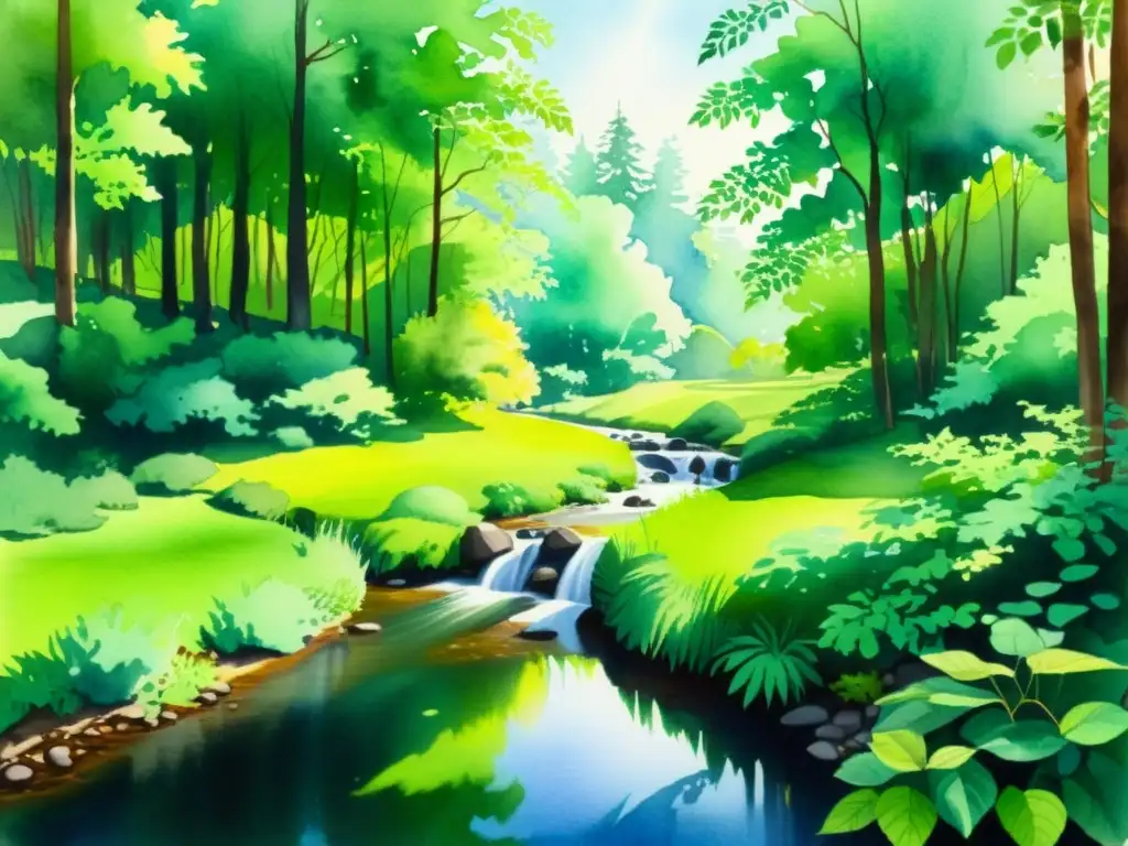 Cuadro acuarela: Bosque sereno y vibrante Una pintura tranquila de un exuberante bosque con luz solar filtrándose entre las hojas, creando sombras moteadas en el suelo