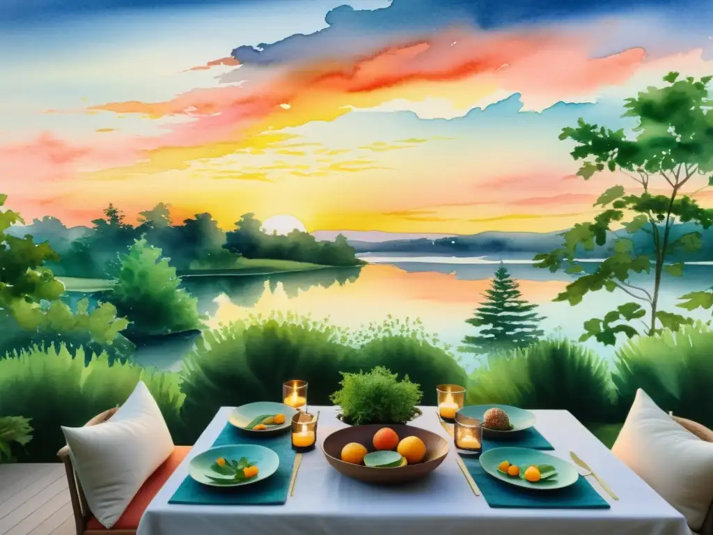 Retiro sereno con mesa ayurvédica y meditación Una pintura acuarela tranquila con menús ayurvédicos para retiros espirituales en un entorno sereno de naturaleza exuberante y un atardecer colorido