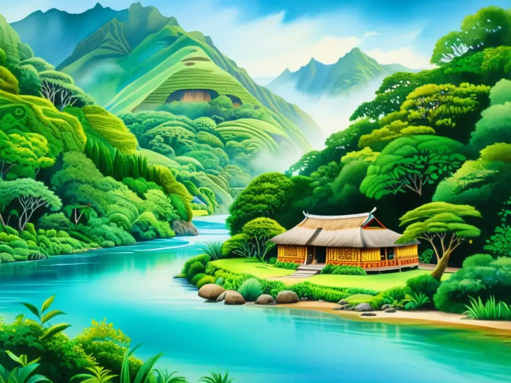 Una pintura tranquila y serena de un marae maorí entre exuberante vegetación, con un río azul claro fluyendo suavemente