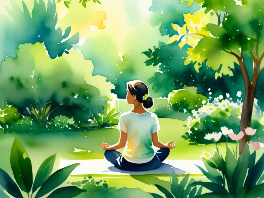 Meditación en el jardín: Serenidad y paz interior Una pintura tranquila y serena de una persona meditando en un jardín pacífico, rodeado de exuberante vegetación y flores