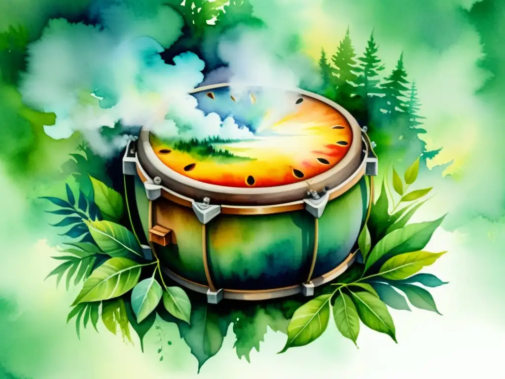 Tambores chamánicos en la naturaleza: un viaje sereno Una pintura acuarela tranquila con un tambor chamánico en la naturaleza exuberante, evocando retiros espirituales sanación interior