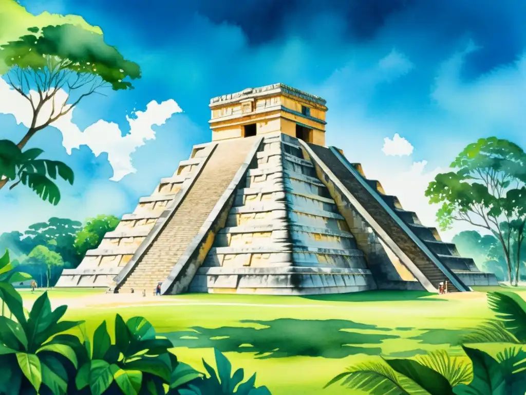 Pintura acuarela: Ruinas mayas de Chichén Itzá Una pintura vibrante en acuarela de las antiguas ruinas mayas en Chichén Itzá, con exuberante vegetación y un cielo azul claro