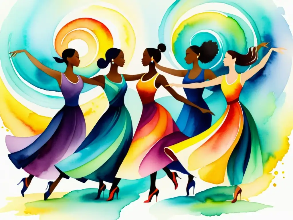 Una pintura vibrante de acuarela que retrata la danza grácil y sincronizada, evocando los beneficios de la danza para la conciencia