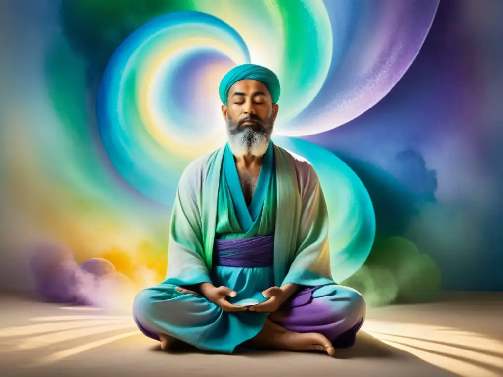 Meditación sufi en vibrantes acuarelas Un practicante sufí medita en un paisaje colorido, creando un ambiente sereno