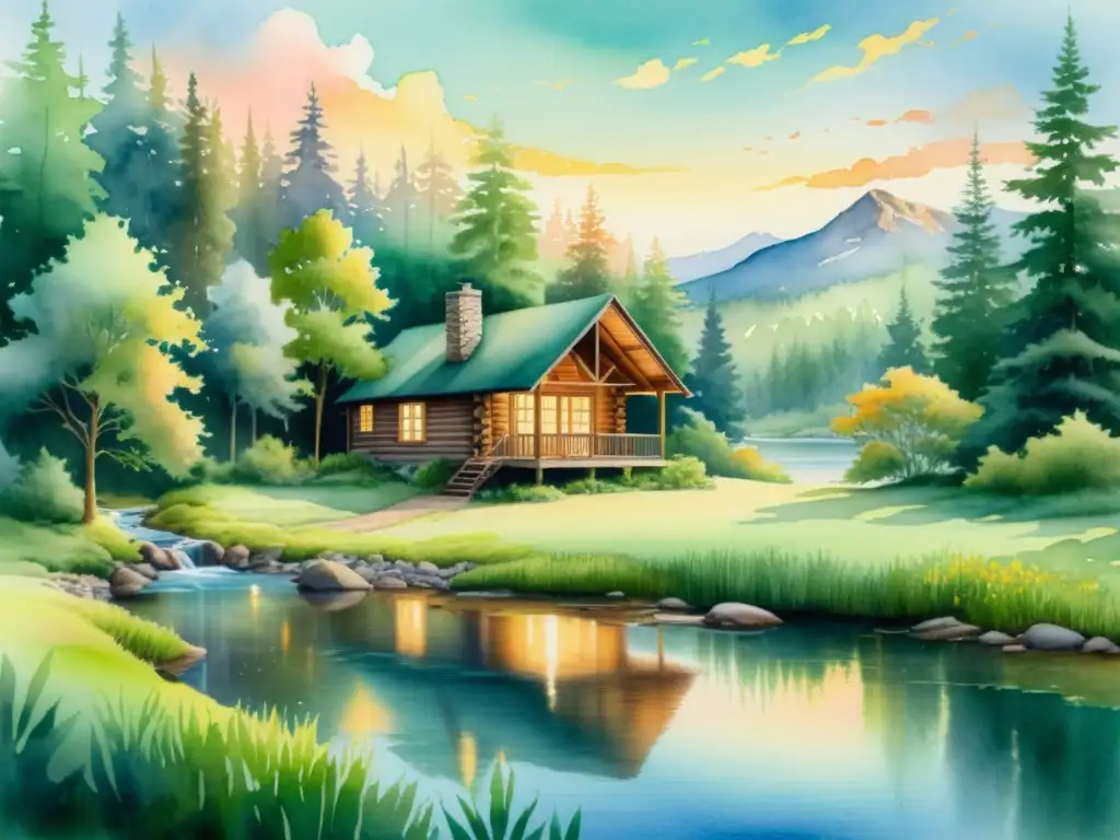 Refugio sereno en el bosque: pintura acuarela de una cabaña junto al arroyo Un refugio acogedor para escritores en un bosque sereno, rodeado de árboles verdes y un arroyo tranquilo
