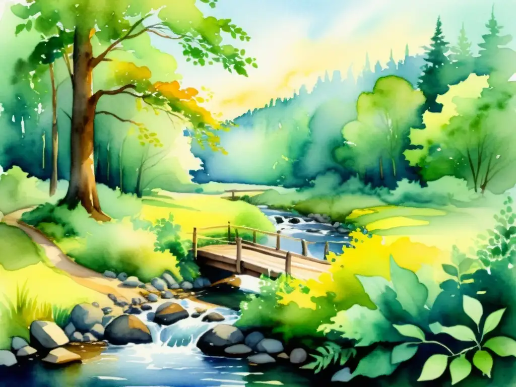 Acuarela serena: bosque, arroyo y puente Un refugio espiritual entre árboles, con un arroyo y puente
