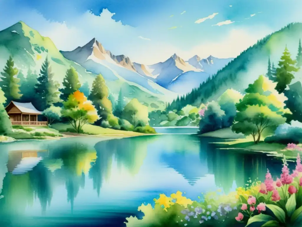 Retiro espiritual entre montañas: pintura acuarela Un refugio espiritual en las montañas con un lago sereno, vegetación exuberante y cielo azul