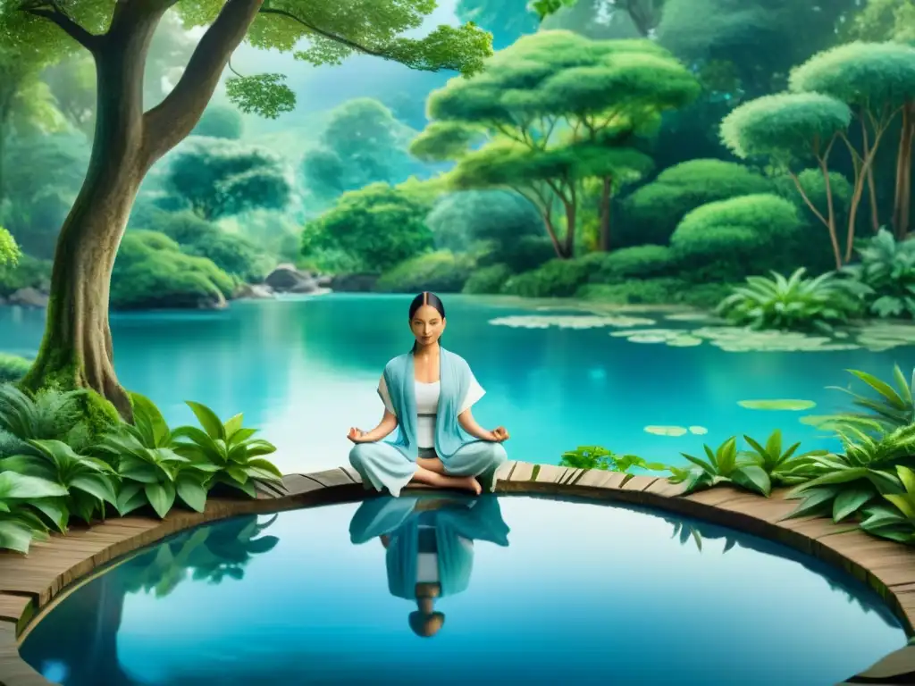 Retiro virtual de meditación: paz y serenidad Un refugio espiritual online silencioso: meditación en círculo rodeado de naturaleza serena y arroyos azules