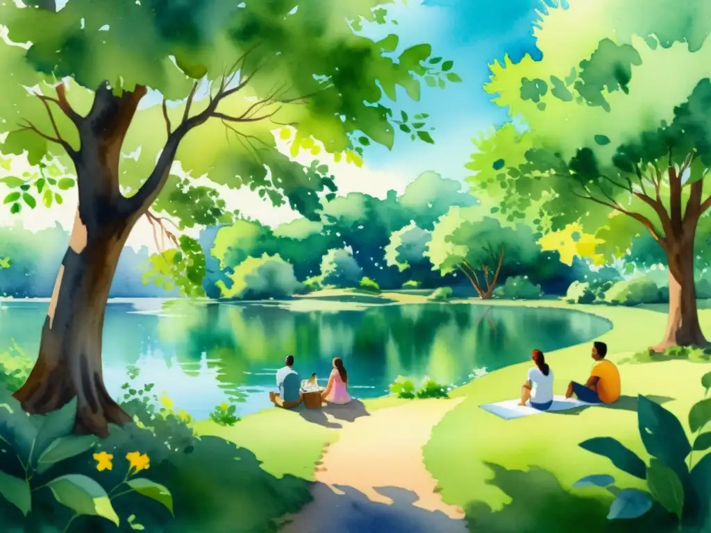 Retiro sereno: Arte terapia en la naturaleza Un refugio sereno con árboles, lago y gente realizando actividades de arteterapia bajo la luz del sol