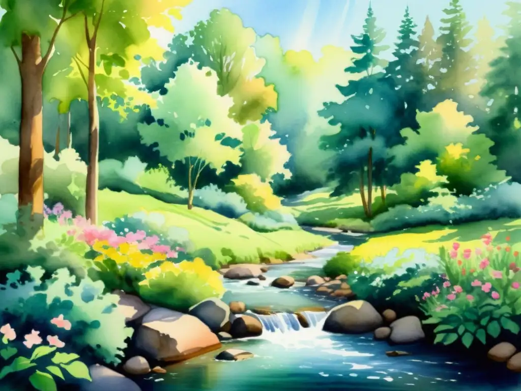 Retiro tranquilo: pintura acuarela de un oasis natural Un refugio sereno en la naturaleza con un arroyo, flores y una mesa de masajes