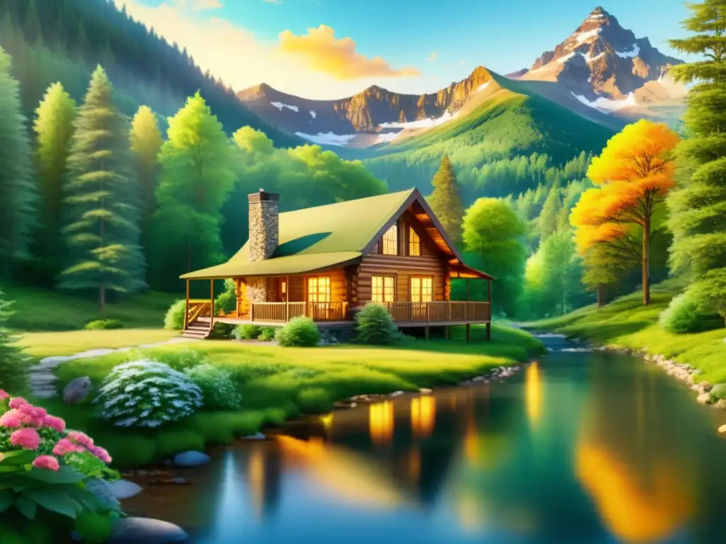 Cabaña en el bosque: escena tranquila y serena Un refugio tranquilo en el bosque, con una cabaña rodeada de árboles altos y un arroyo sereno