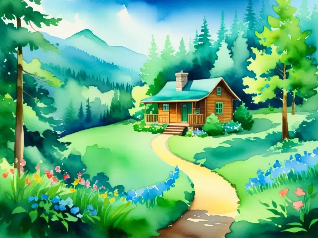 Retiro tranquilo en el bosque: acuarela serena Un refugio tranquilo en medio de un bosque exuberante, pintado en acuarelas