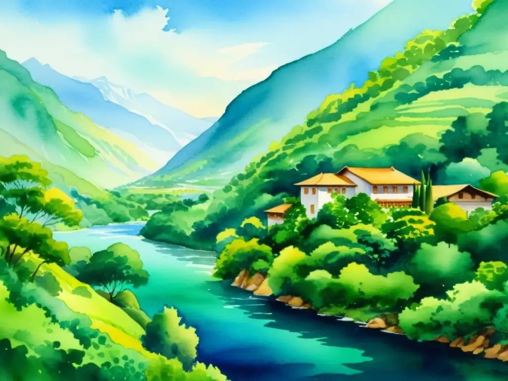 Retiro sereno entre montañas: pintura acuarela Un refugio tranquilo en las montañas, rodeado de exuberante vegetación