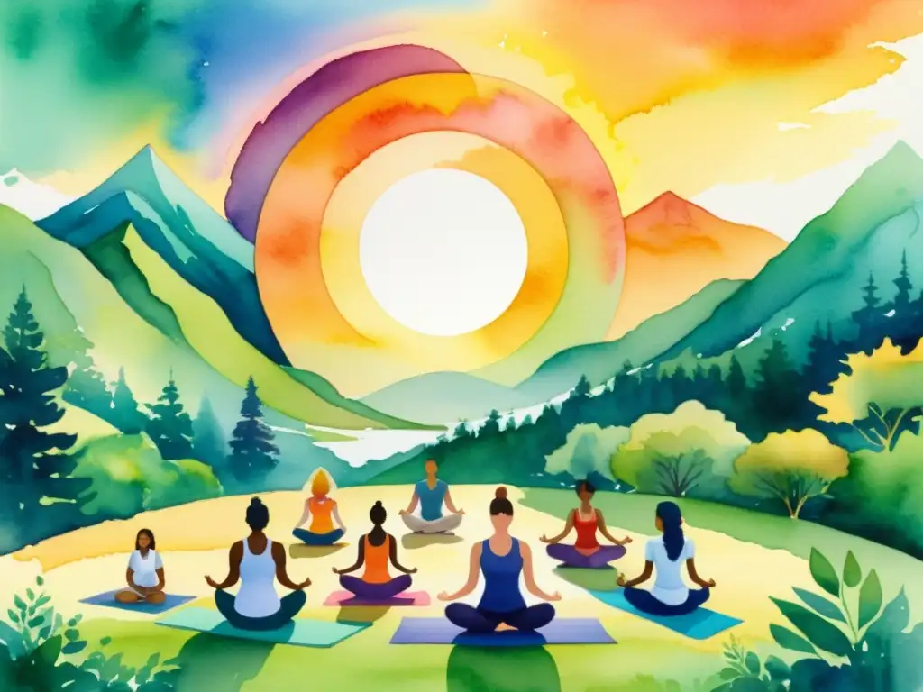 Retiro de yoga vibrante en las montañas verdes: armonía y equilibrio Un refugio de yoga en las montañas, con prácticas de meditación y chakras equilibrados en retiros