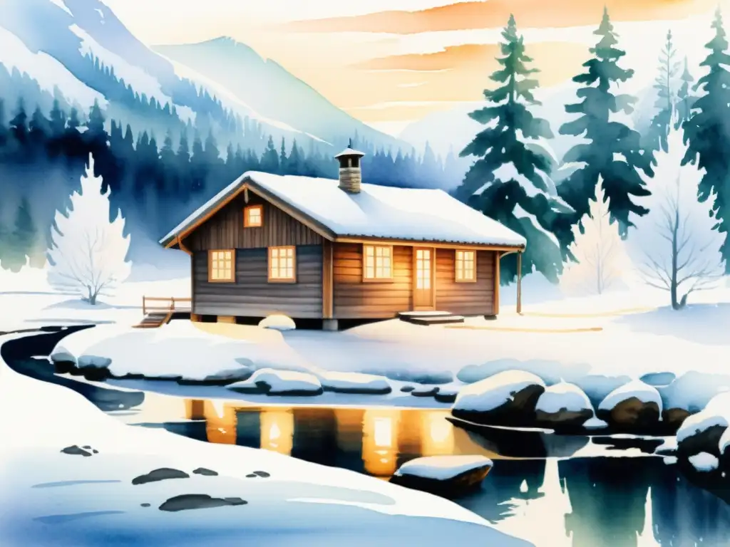 Sauna tradicional escandinava en el bosque nevado: pintura acuarela Un remanso de tranquilidad: sauna escandinava en el bosque nevado