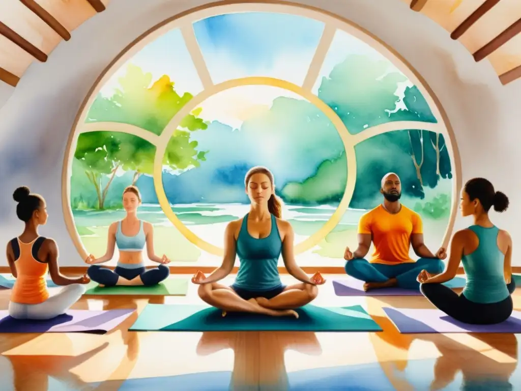 Yoga meditativa en estudio tranquilo Meditación para mejorar rendimiento deportivo: Ilustración acuarela de un estudio de yoga sereno con atletas concentrados en meditación