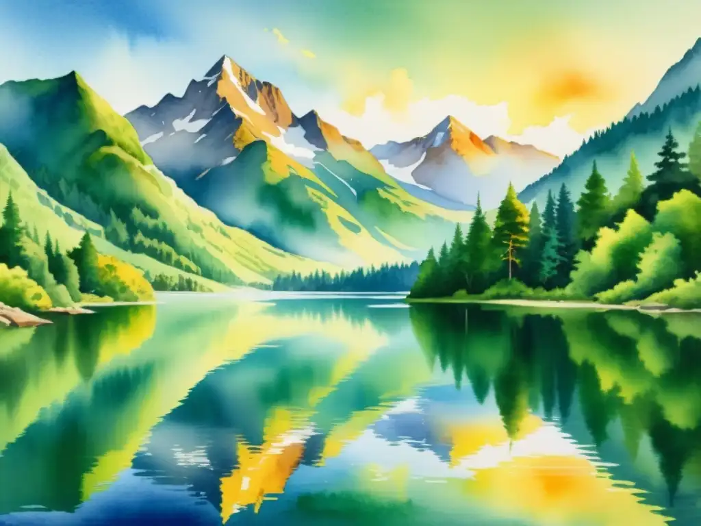 Pintura al óleo de un sereno paisaje montañoso y lago reflexivo Meditación para mejorar rendimiento deportivo: Pintura de montañas serenas y un lago reflectante, con colores vibrantes y luz dorada
