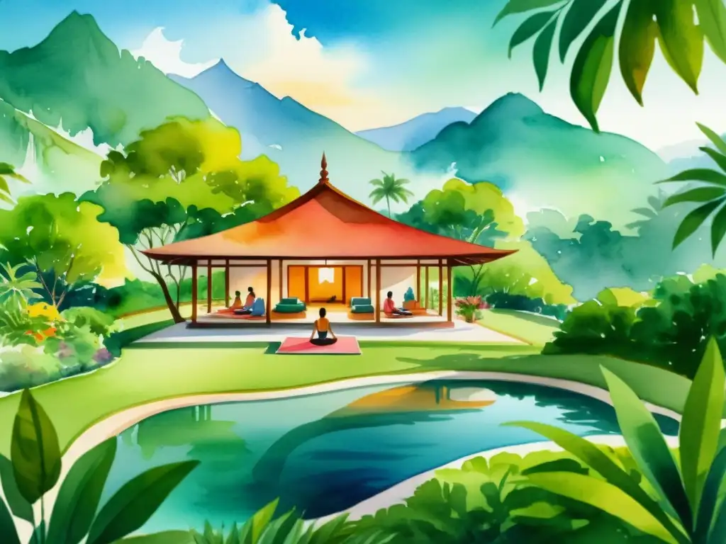 Retiro Ayurveda: Yoga en la Selva Tropical Retiro ayurvédico para renovación personal en ilustración de acuarela 8k