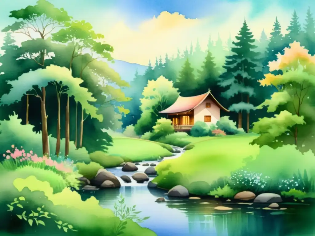 Retiro de meditación en el bosque: acuarela serena Retiro de meditación en un bosque sereno con arroyo