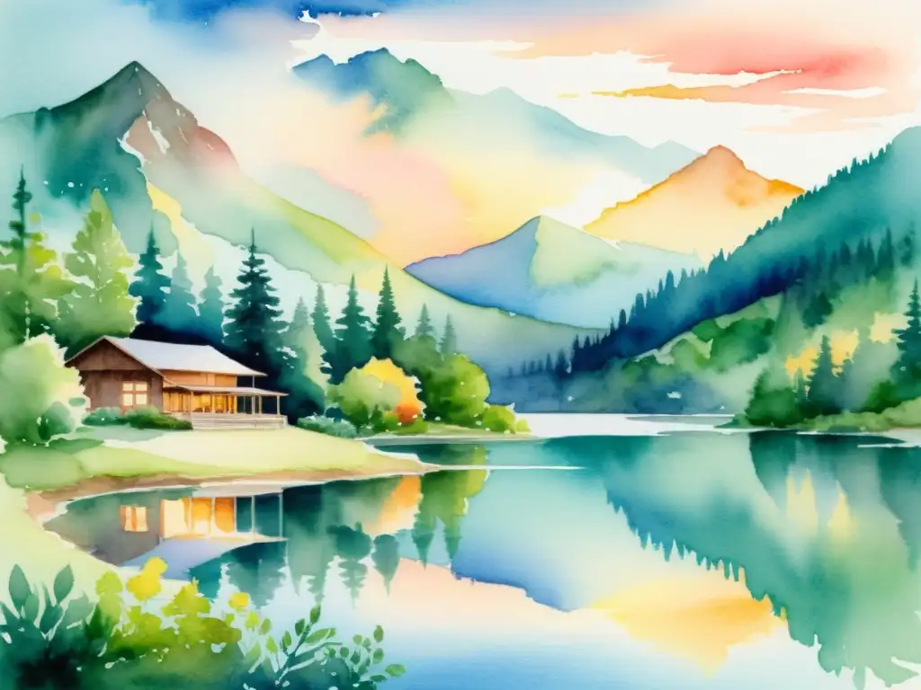 Retiro en la montaña: pintura acuarela serena Retiro de gestión en un centro tranquilo en la montaña con vista al lago y rodeado de naturaleza serena al atardecer